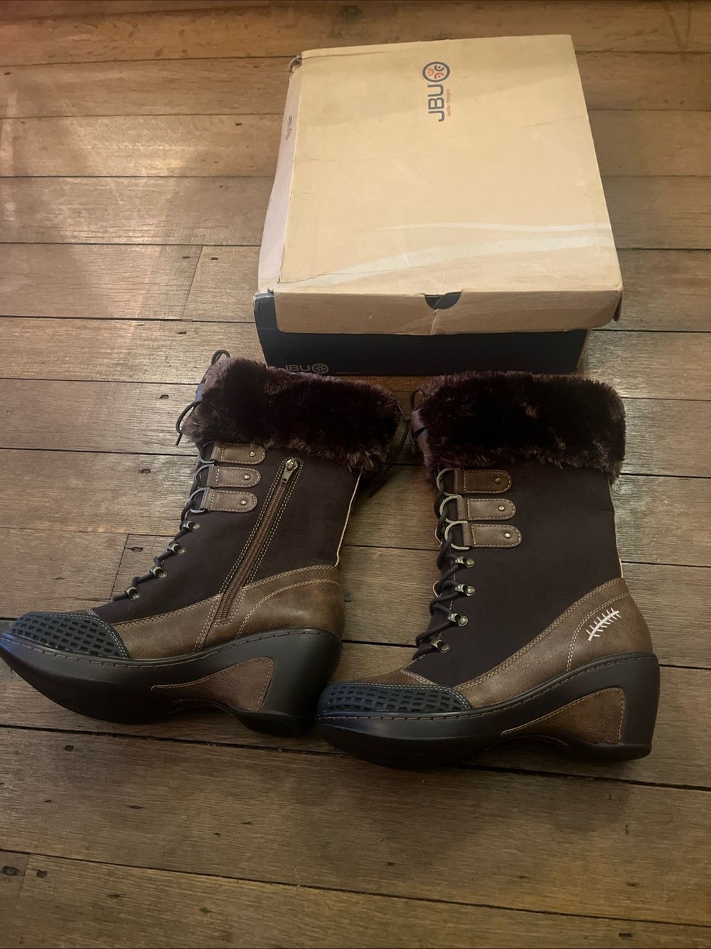 JBU Scandinavia Brown Wedge Boots With Faux Fur - Size 8 M - NEW